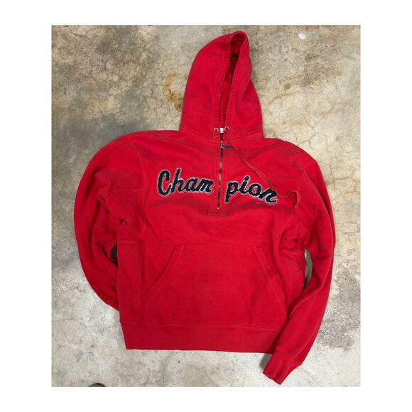 Vintage Champion Reverse Weave Half-Zip Red Hoodie Chain-Stitched Script Logo M - Picture 3 of 14